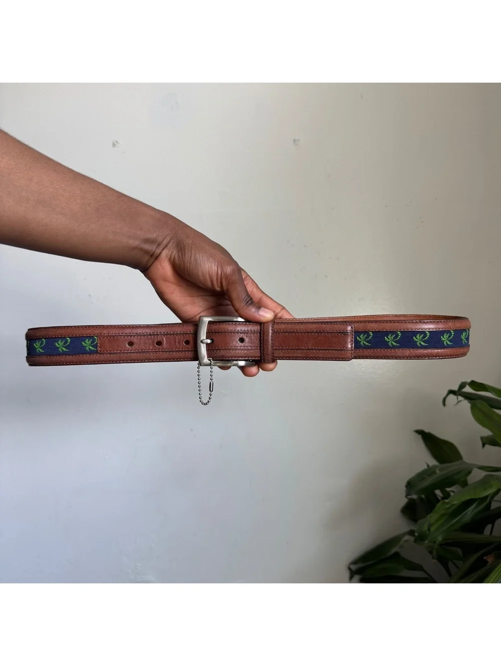 Vintage Preppy Embroidered Palm Tree Surcingle leather Belt fits like L